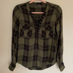 Express Lace-Up Flannel Shirt - Green & Black - XS